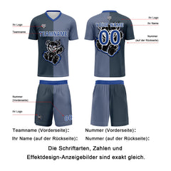 Benutzerdefinierte Grau Blau Fußball Trikots für Männer Frauen Personalisierte Fußball Uniformen für Erwachsene und Kind
