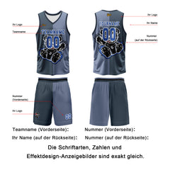 Benutzerdefinierter Grau Blau Basketball Jersey Uniform Anzug gedruckt Ihr Logo Name Nummer