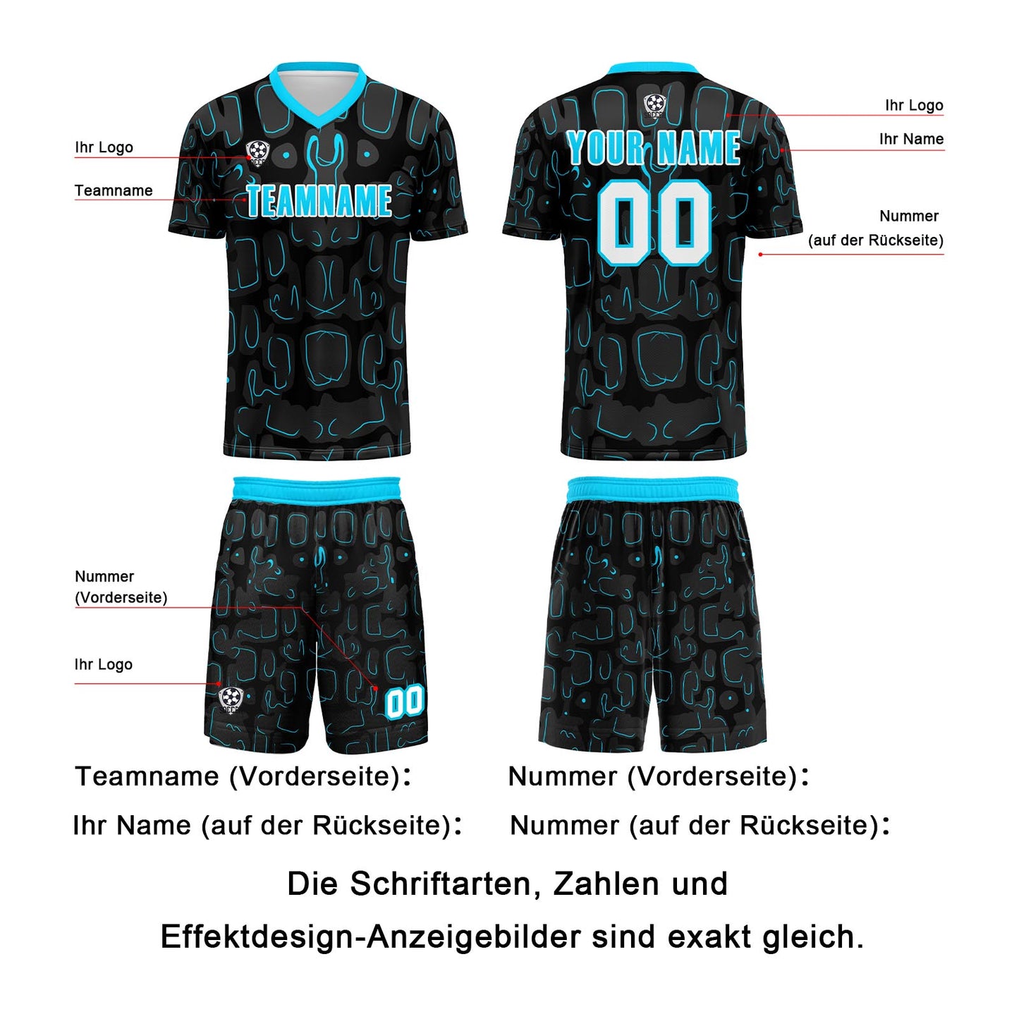 Benutzerdefinierte Schwarz Blau Cyan Fußball Trikots für Männer Frauen Personalisierte Fußball Uniformen für Erwachsene und Kind