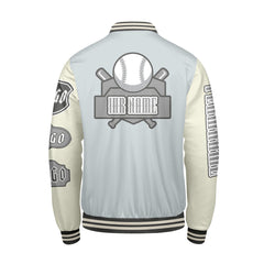 Maßgeschneiderte Grau Weiß Letterman Varsity Jacket Individuelle Stickerei Druck nach Ihrem Wunsch