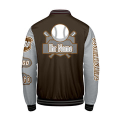 Maßgeschneiderte Braun Grau Letterman Varsity Jacket Individuelle Stickerei Druck nach Ihrem Wunsch