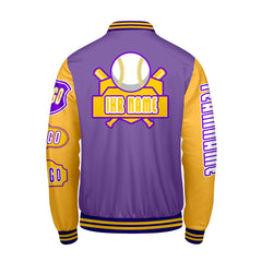 Maßgeschneiderte Lila Gelb Letterman Varsity Jacket Individuelle Stickerei  Druck nach Ihrem Wunsch
