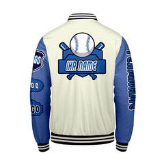 Maßgeschneiderte Weiß Blau Letterman Varsity Jacket Individuelle Stickerei  Druck nach Ihrem Wunsch