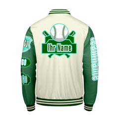 Maßgeschneiderte Weiß Grün Letterman Varsity Jacket Individuelle Stickerei  Druck nach Ihrem Wunsch