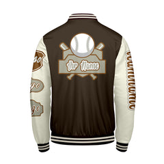 Maßgeschneiderte Braun Weiß Letterman Varsity Jacket Individuelle Stickerei Druck nach Ihrem Wunsch