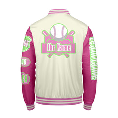 Maßgeschneiderte Weiß Rosa Letterman Varsity Jacket Individuelle Stickerei  Druck nach Ihrem Wunsch