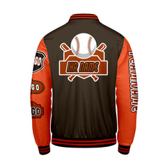 Maßgeschneiderte Braun Orange Letterman Varsity Jacket Individuelle Stickerei Druck nach Ihrem Wunsch