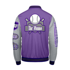 Maßgeschneiderte Lila Grau Letterman Varsity Jacket Individuelle Stickerei Druck nach Ihrem Wunsch