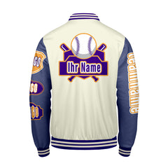Maßgeschneiderte Weiß Lila Letterman Varsity Jacket Individuelle Stickerei  Druck nach Ihrem Wunsch