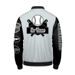 Maßgeschneiderte Grau Schwarz Letterman Varsity Jacket Individuelle Stickerei Druck nach Ihrem Wunsch