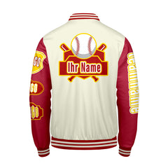 Maßgeschneiderte Weiß Rot Letterman Varsity Jacket Individuelle Stickerei  Druck nach Ihrem Wunsch