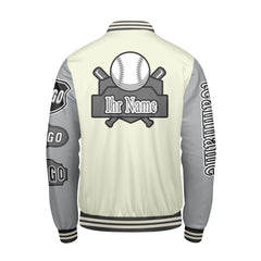 Maßgeschneiderte Weiß Grau Letterman Varsity Jacket Individuelle Stickerei  Druck nach Ihrem Wunsch