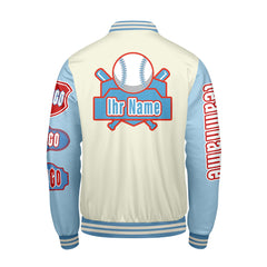 Maßgeschneiderte Weiß Blau Letterman Varsity Jacket Individuelle Stickerei  Druck nach Ihrem Wunsch