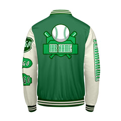 Maßgeschneiderte Grün Weiß Letterman Varsity Jacket Individuelle Stickerei Druck nach Ihrem Wunsch
