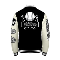 Maßgeschneiderte Schwarz Weiß Letterman Varsity Jacket Individuelle Stickerei  Druck nach Ihrem Wunsch