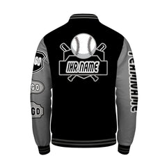 Maßgeschneiderte Schwarz Grau Letterman Varsity Jacket Individuelle Stickerei  Druck nach Ihrem Wunsch