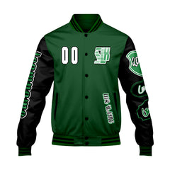 Maßgeschneiderte Grün Schwarz Letterman Varsity Jacket Individuelle Stickerei Druck nach Ihrem Wunsch