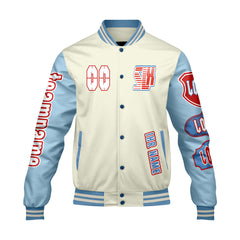 Maßgeschneiderte Weiß Blau Letterman Varsity Jacket Individuelle Stickerei  Druck nach Ihrem Wunsch