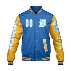 Maßgeschneiderte Blau Gelb Letterman Varsity Jacket Individuelle Stickerei  Druck nach Ihrem Wunsch