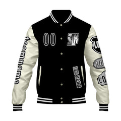 Maßgeschneiderte Schwarz Weiß Letterman Varsity Jacket Individuelle Stickerei  Druck nach Ihrem Wunsch