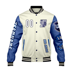 Maßgeschneiderte Weiß Blau Letterman Varsity Jacket Individuelle Stickerei  Druck nach Ihrem Wunsch