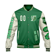 Maßgeschneiderte Grün Weiß Letterman Varsity Jacket Individuelle Stickerei Druck nach Ihrem Wunsch