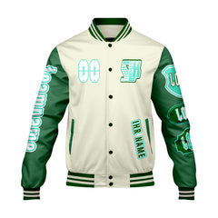 Maßgeschneiderte Weiß Grün Letterman Varsity Jacket Individuelle Stickerei  Druck nach Ihrem Wunsch