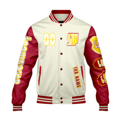 Maßgeschneiderte Weiß Rot Letterman Varsity Jacket Individuelle Stickerei  Druck nach Ihrem Wunsch