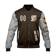 Maßgeschneiderte Braun Grau Letterman Varsity Jacket Individuelle Stickerei Druck nach Ihrem Wunsch