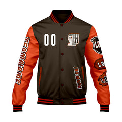 Maßgeschneiderte Braun Orange Letterman Varsity Jacket Individuelle Stickerei Druck nach Ihrem Wunsch