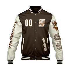 Maßgeschneiderte Braun Weiß Letterman Varsity Jacket Individuelle Stickerei Druck nach Ihrem Wunsch