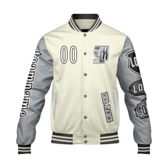 Maßgeschneiderte Weiß Grau Letterman Varsity Jacket Individuelle Stickerei  Druck nach Ihrem Wunsch