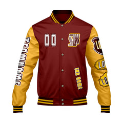 Maßgeschneiderte Rot Gelb Letterman Varsity Jacket Individuelle Stickerei  Druck nach Ihrem Wunsch