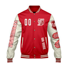 Maßgeschneiderte Rot Weiß Letterman Varsity Jacket Individuelle Stickerei  Druck nach Ihrem Wunsch