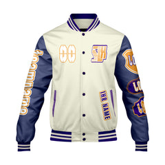 Maßgeschneiderte Weiß Lila Letterman Varsity Jacket Individuelle Stickerei  Druck nach Ihrem Wunsch