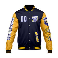 Maßgeschneiderte Marine Gelb Letterman Varsity Jacket Individuelle Stickerei Druck nach Ihrem Wunsch