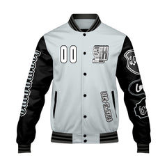 Maßgeschneiderte Grau Schwarz Letterman Varsity Jacket Individuelle Stickerei Druck nach Ihrem Wunsch
