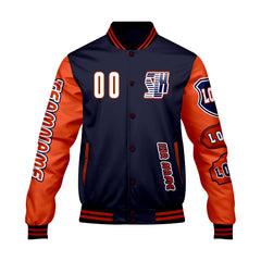 Maßgeschneiderte Marine Orange Letterman Varsity Jacket Individuelle Stickerei  Druck nach Ihrem Wunsch