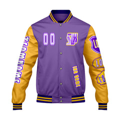Maßgeschneiderte Lila Gelb Letterman Varsity Jacket Individuelle Stickerei  Druck nach Ihrem Wunsch