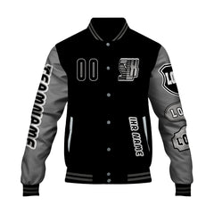 Maßgeschneiderte Schwarz Grau Letterman Varsity Jacket Individuelle Stickerei  Druck nach Ihrem Wunsch