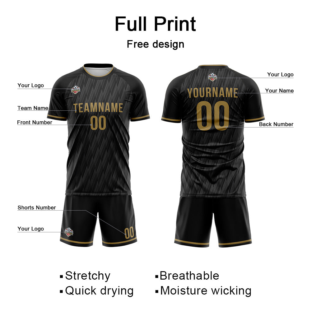 Benutzerdefinierte Fußball Trikots für Männer Frauen Personalisierte Fußball Uniformen für Erwachsene und Kind Schwarz-Grau-Gold