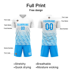 Benutzerdefinierte Fußball Trikots für Männer Frauen Personalisierte Fußball Uniformen für Erwachsene und Kind Weiß-Licht Blau