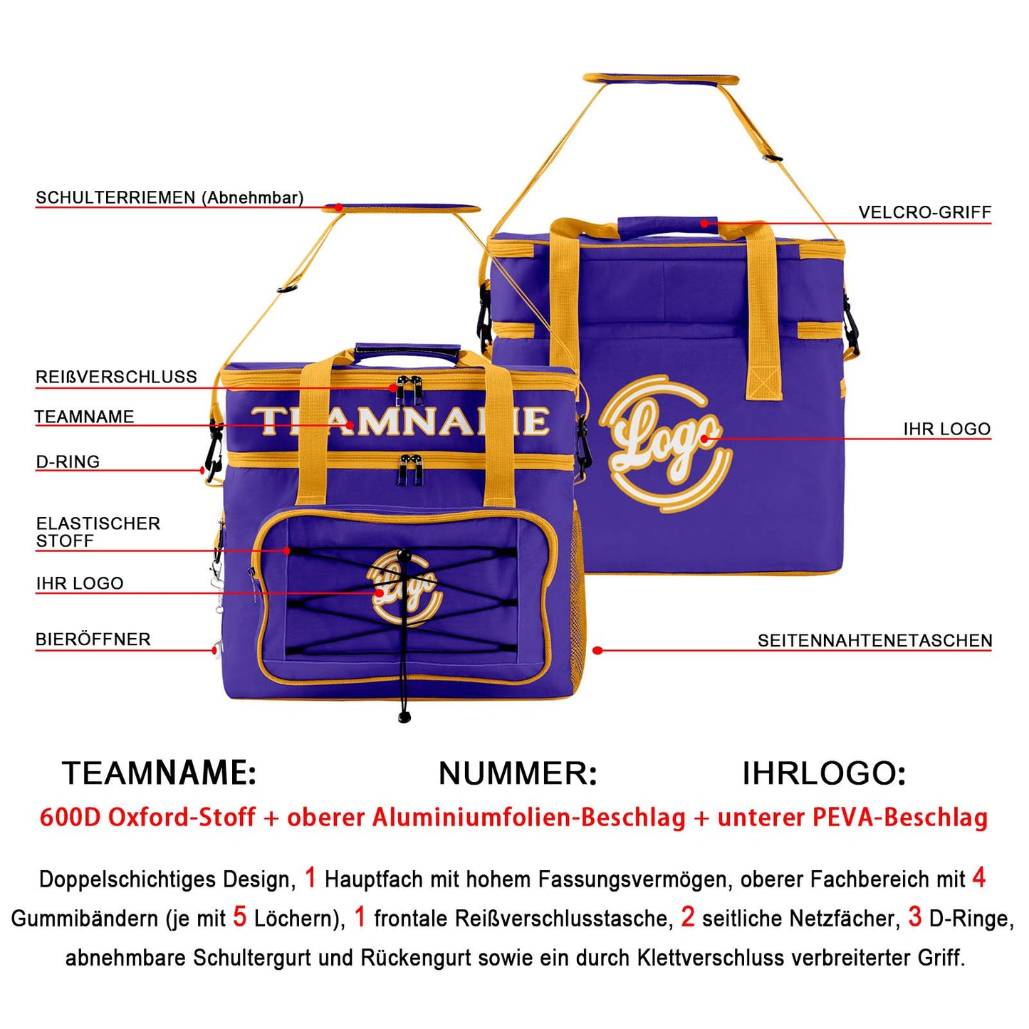 Maßgeschickerte Lila Gelb vollflächig bedruckte isolierte Kühltasche mit Doppelwand Wasserdichte 600D Oxford Picknick-Tragetasche für Teamevents & Outdoor-Grillen