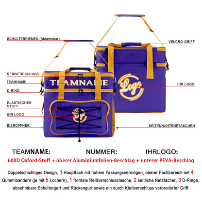 Maßgeschickerte Lila Gelb vollflächig bedruckte isolierte Kühltasche mit Doppelwand Wasserdichte 600D Oxford Picknick-Tragetasche für Teamevents & Outdoor-Grillen