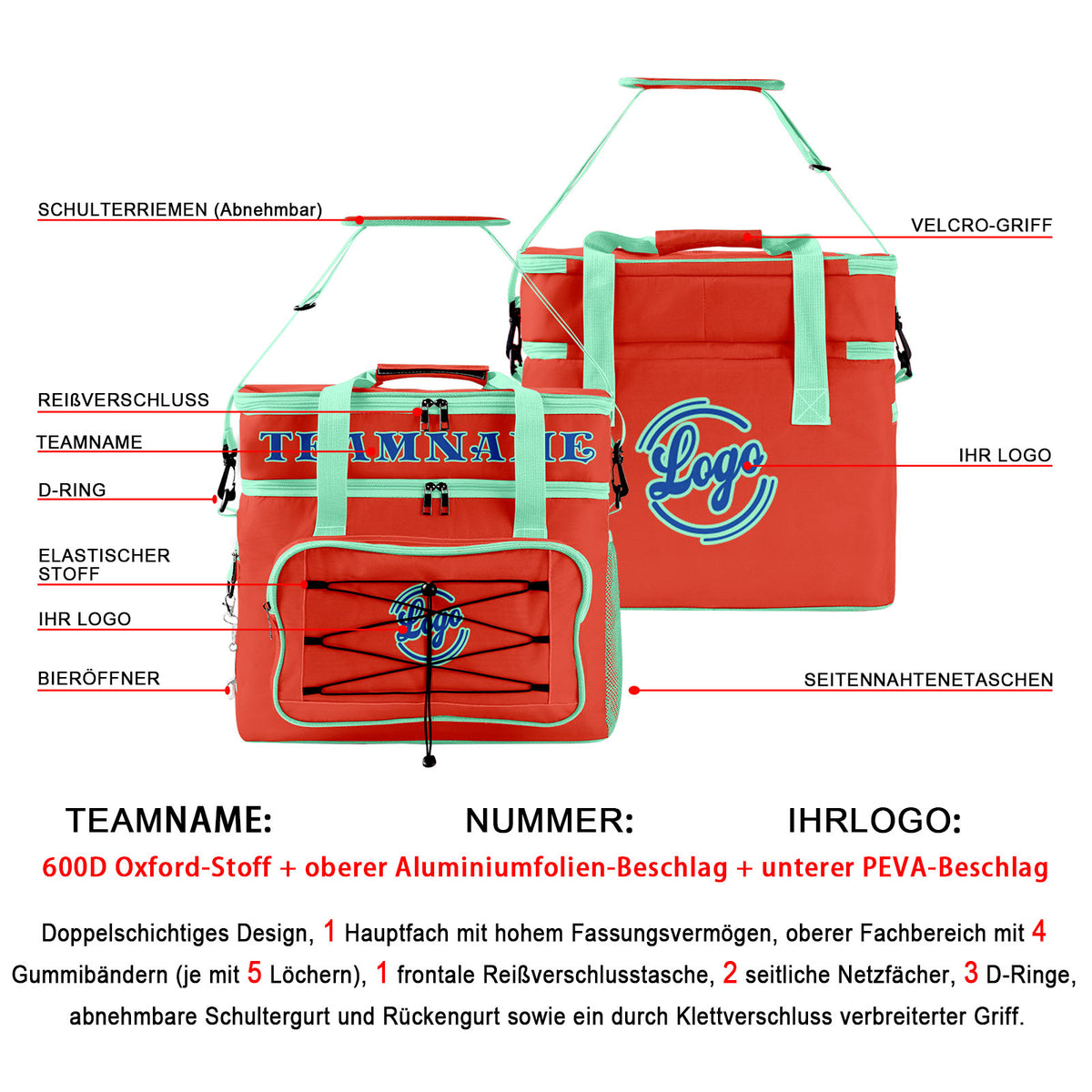 Maßgeschickerte Orange Cyan vollflächig bedruckte isolierte Kühltasche mit Doppelwand Wasserdichte 600D Oxford Picknick-Tragetasche für Teamevents & Outdoor-Grillen