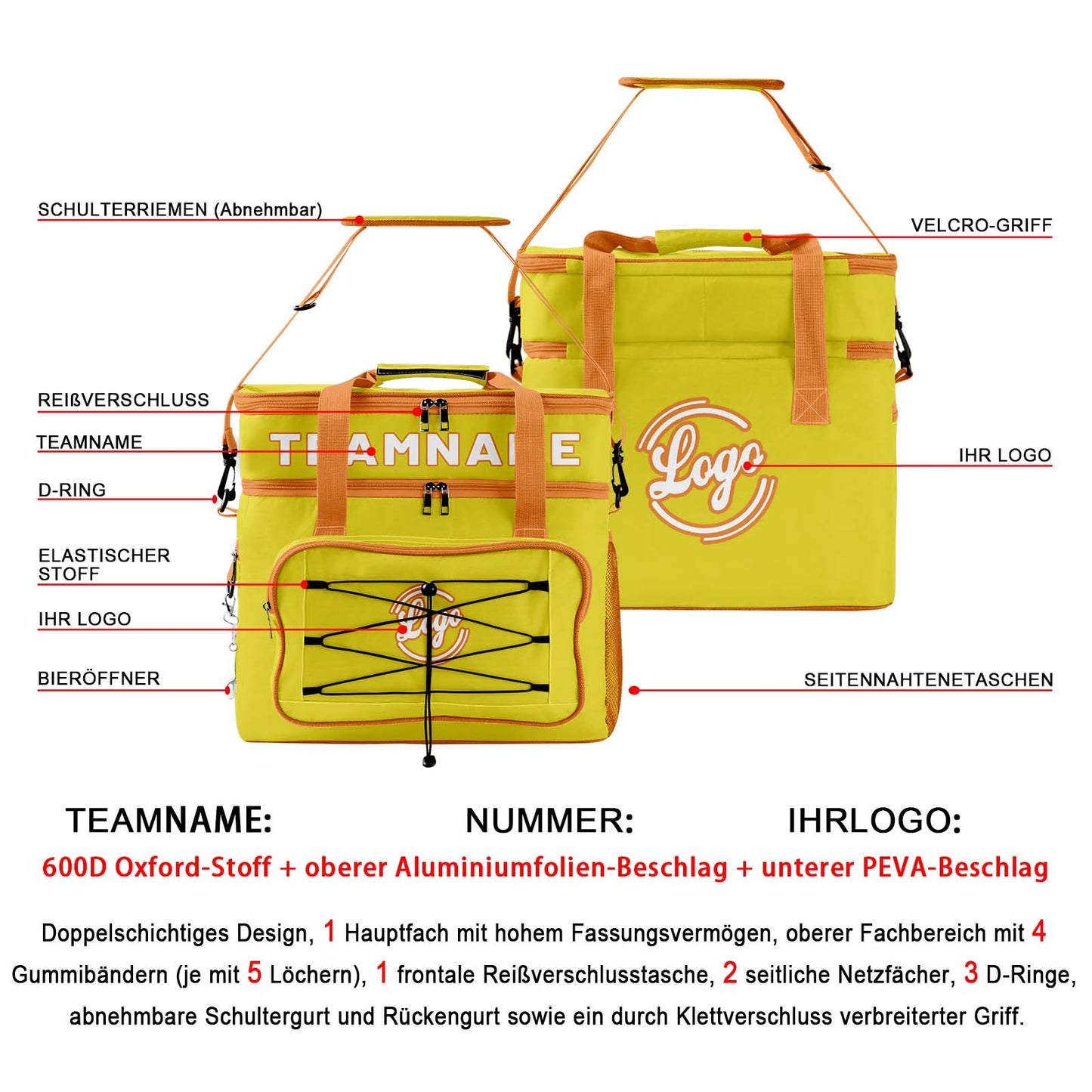 Maßgeschickerte Gelb Orange vollflächig bedruckte isolierte Kühltasche mit Doppelwand Wasserdichte 600D Oxford Picknick-Tragetasche für Teamevents & Outdoor-Grillen