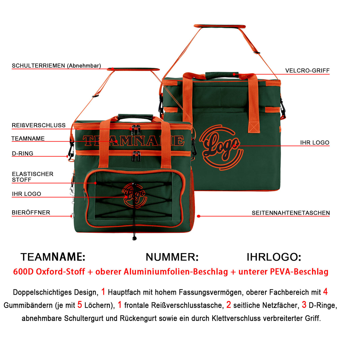 Maßgeschickerte Dunkelgrün Orange vollflächig bedruckte isolierte Kühltasche mit Doppelwand Wasserdichte 600D Oxford Picknick-Tragetasche für Teamevents & Outdoor-Grillen