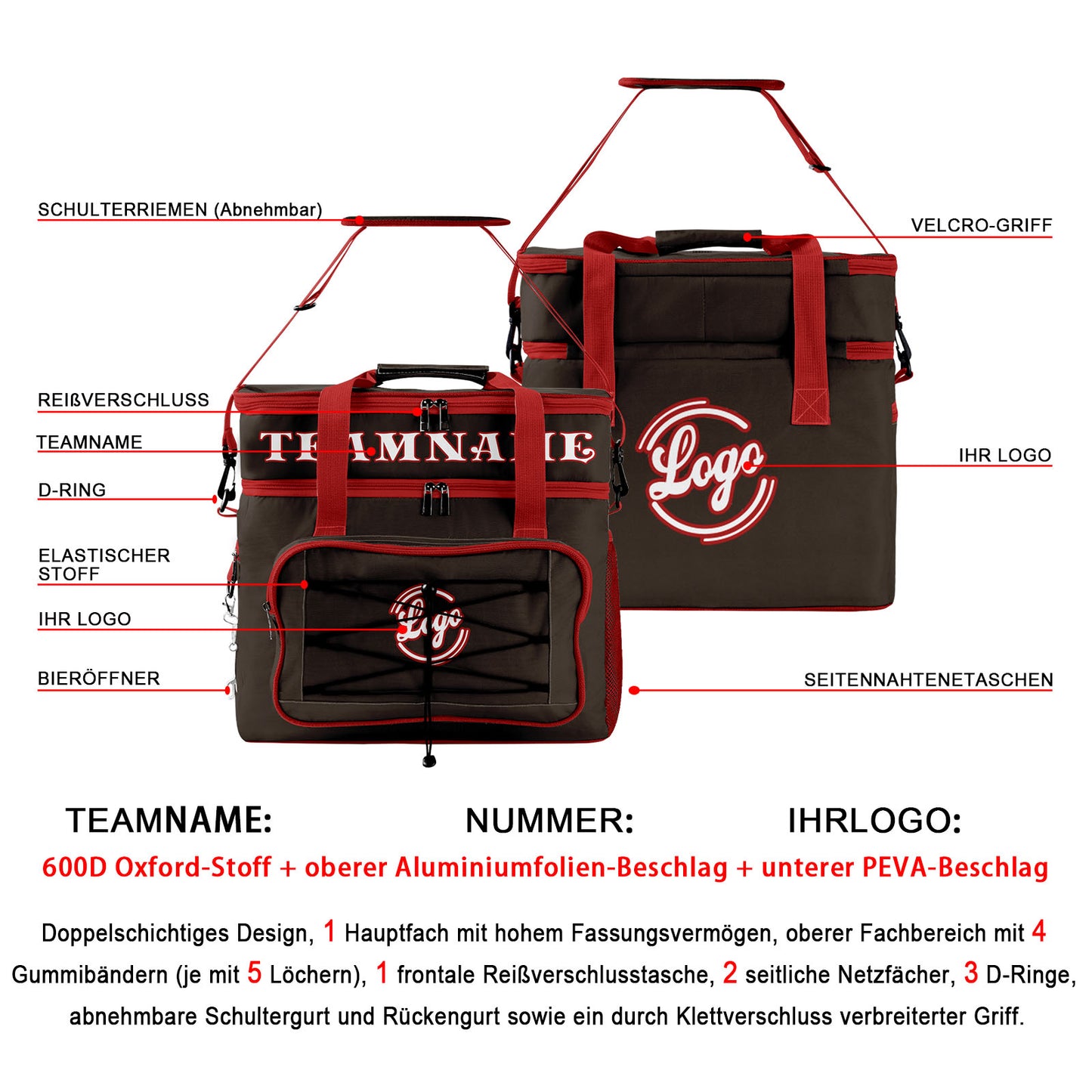 Maßgeschickerte Braun Rot vollflächig bedruckte isolierte Kühltasche mit Doppelwand Wasserdichte 600D Oxford Picknick-Tragetasche für Teamevents & Outdoor-Grillen
