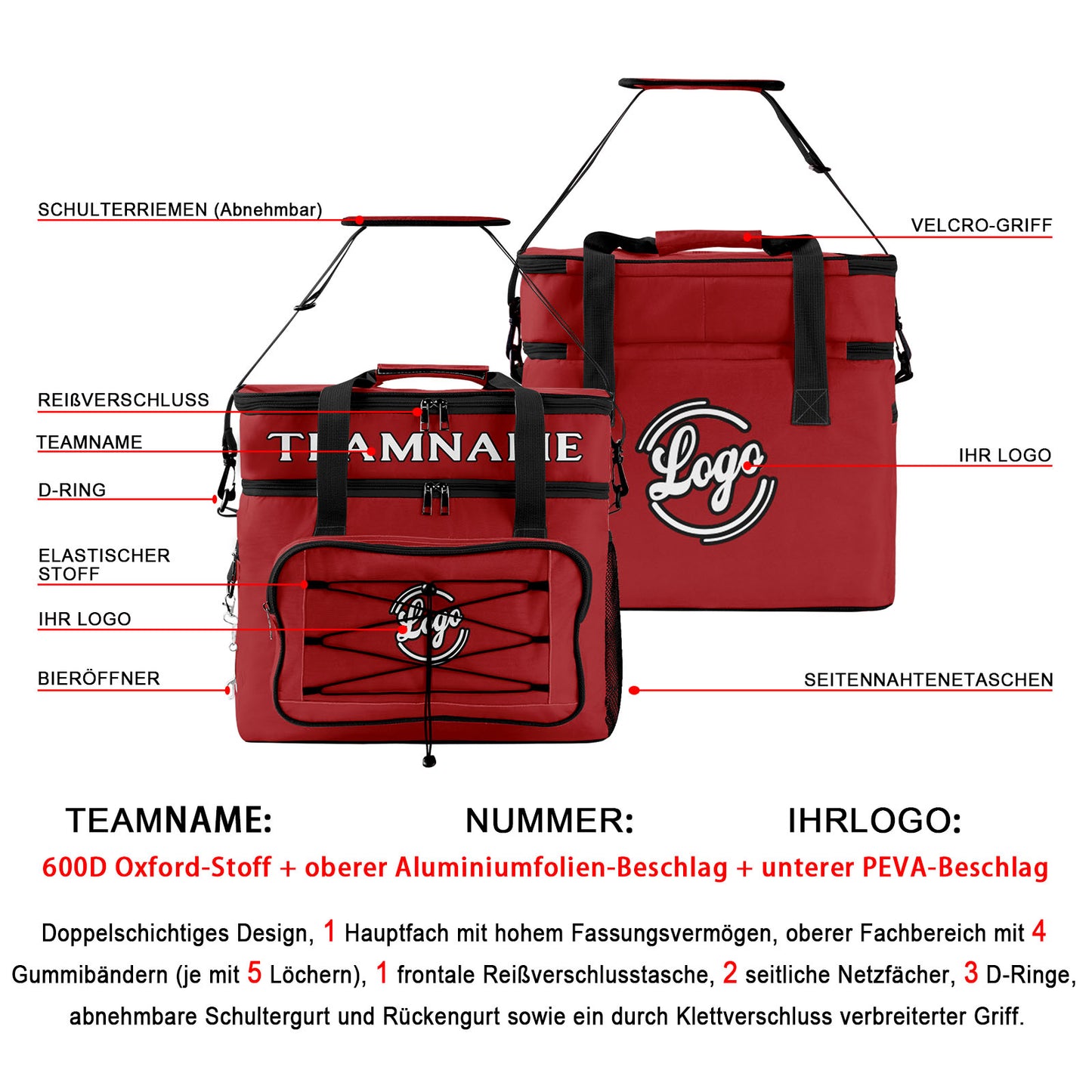 Maßgeschickerte Rot Schwarz vollflächig bedruckte isolierte Kühltasche mit Doppelwand Wasserdichte 600D Oxford Picknick-Tragetasche für Teamevents & Outdoor-Grillen