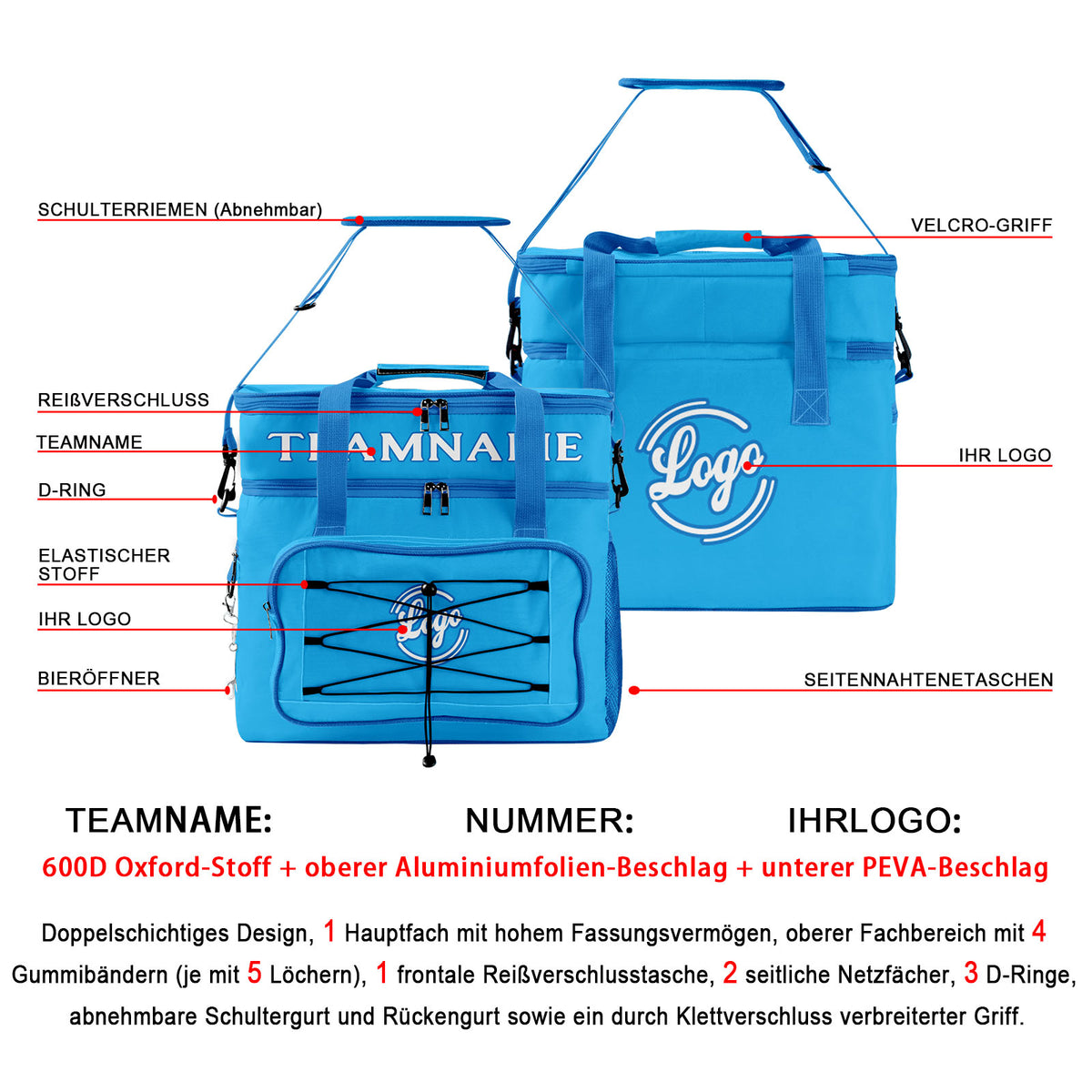 Maßgeschickerte Türkis Dunkelblau vollflächig bedruckte isolierte Kühltasche mit Doppelwand Wasserdichte 600D Oxford Picknick-Tragetasche für Teamevents & Outdoor-Grillen